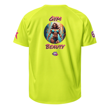 Neon yellow unisex sports jersey with back graphic reading “Gym Beauty”