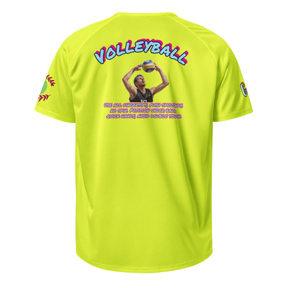 Unisex sports jersey, neon yellow back with colorful VOLLEYBALL text and rules