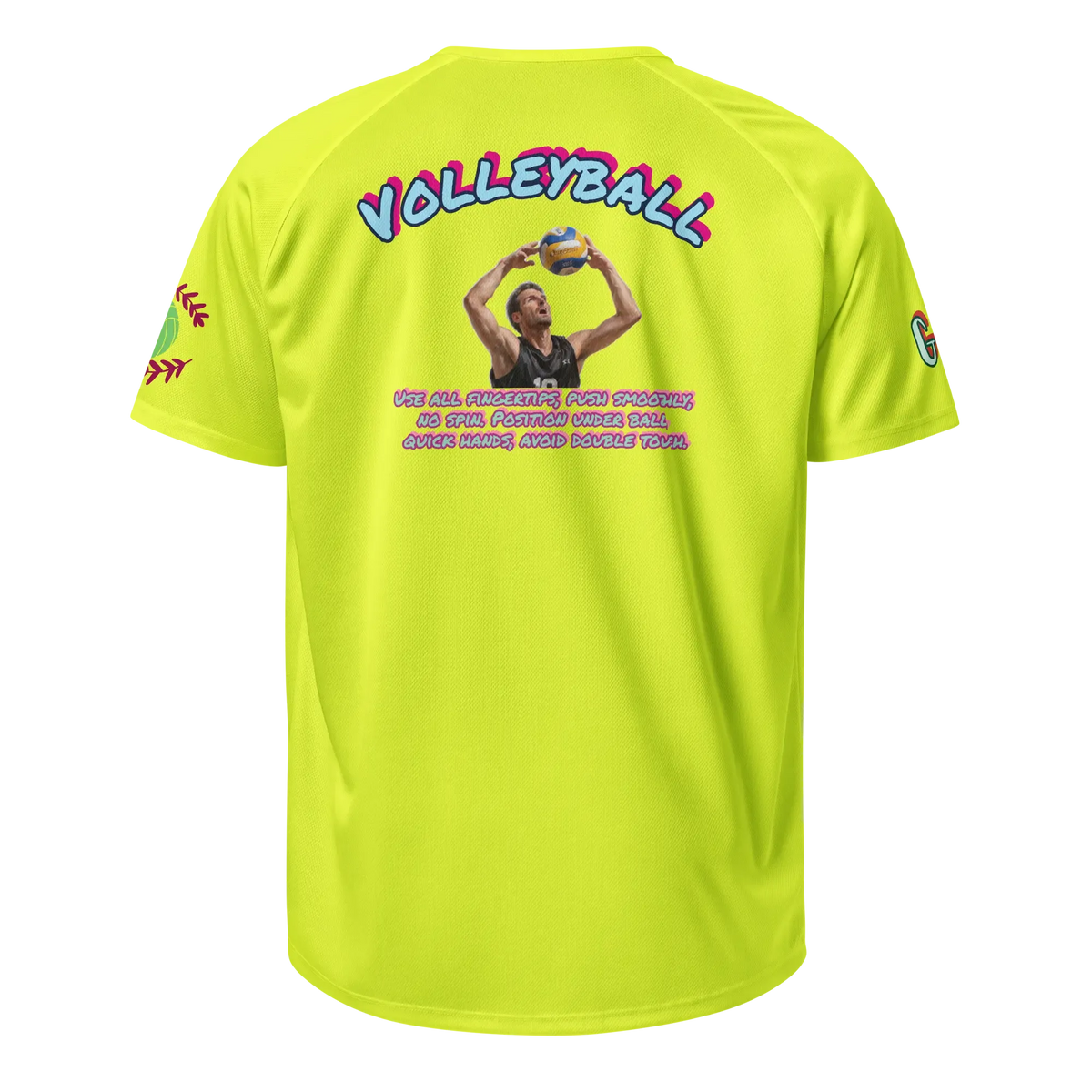 Unisex sports jersey, neon yellow back with colorful VOLLEYBALL text and rules