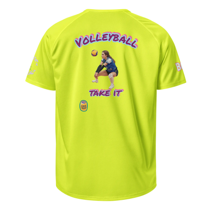 Neon yellow back of unisex sports jersey with VOLLEYBALL and TAKE IT prints