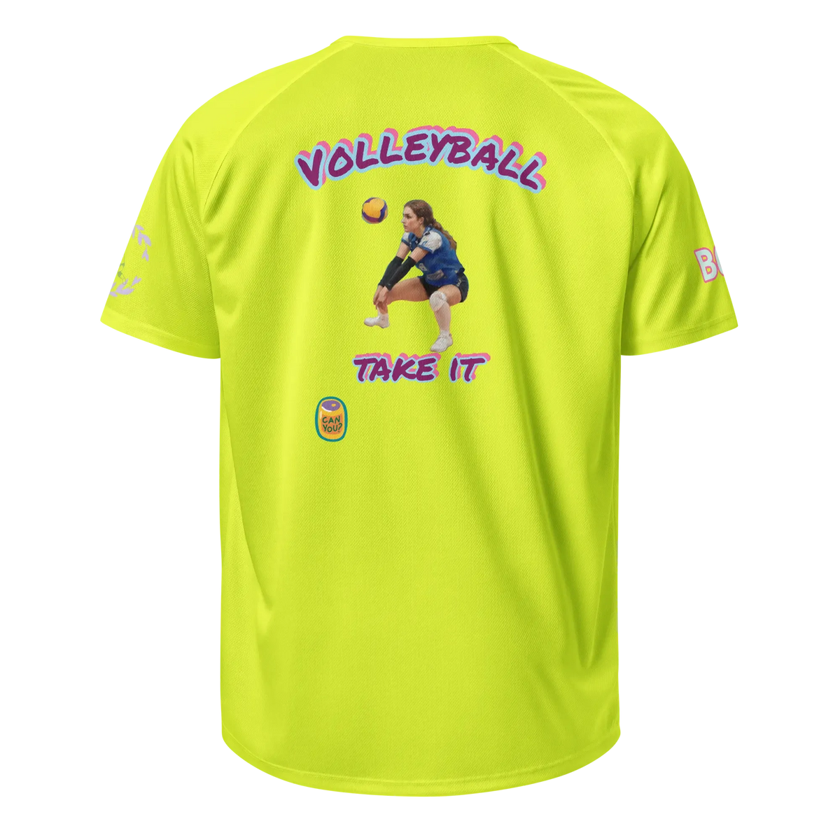 Neon yellow back of unisex sports jersey with VOLLEYBALL and TAKE IT prints