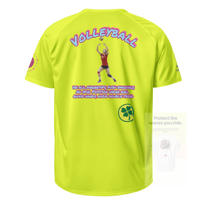 Neon yellow unisex sports jersey, back graphic with standing player and text