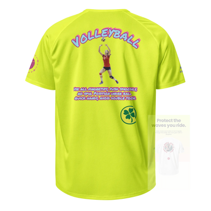 Neon yellow unisex sports jersey, back graphic with standing player and text