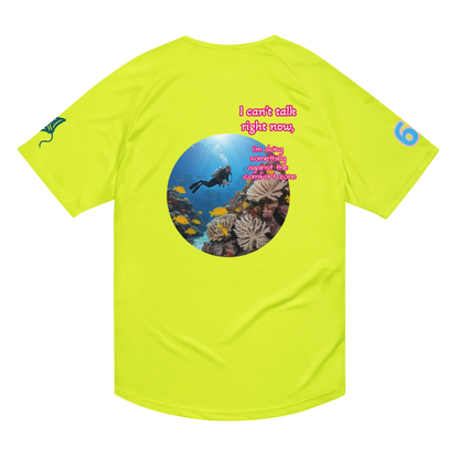 Unisex sports jersey, neon yellow with ocean photo circle graphic on back