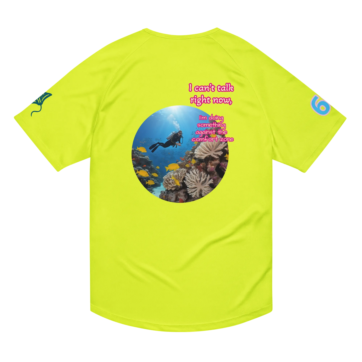 Unisex sports jersey, neon yellow with ocean photo circle graphic on back