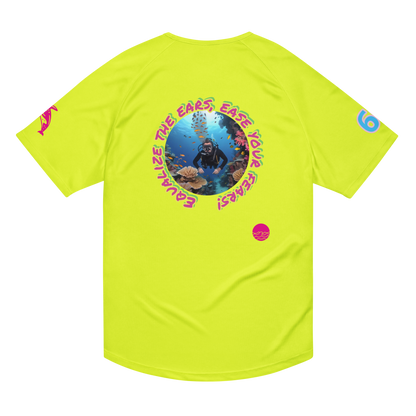 Scuba02 unisex sports jersey in neon yellow, back view with circular diving graphic