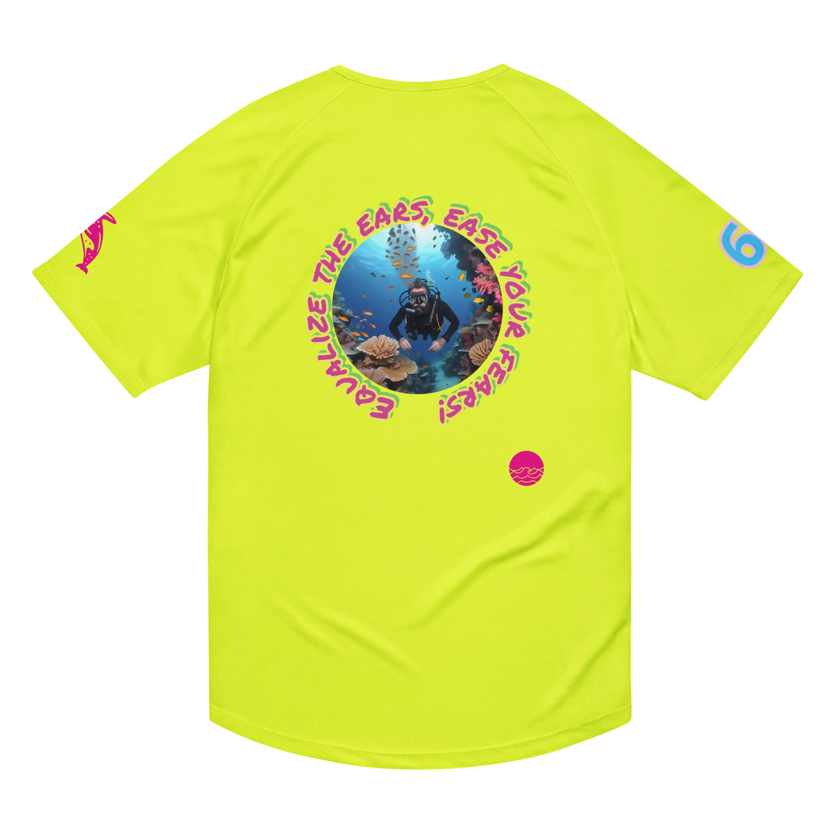 Scuba02 unisex sports jersey in neon yellow, back view with circular diving graphic