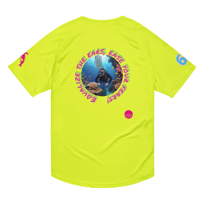 Scuba02 unisex sports jersey in neon yellow, back view with circular diving graphic
