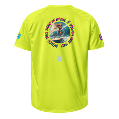 Neon yellow sports jersey back with circular surf graphic and small emblem