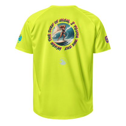 Neon yellow sports jersey back with circular surf graphic and small emblem