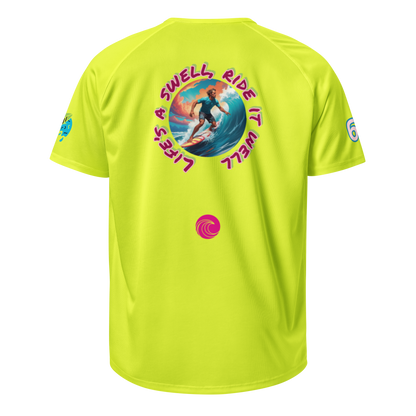 Neon yellow sports jersey back with "SWELL" circle graphic and pink swirl logo