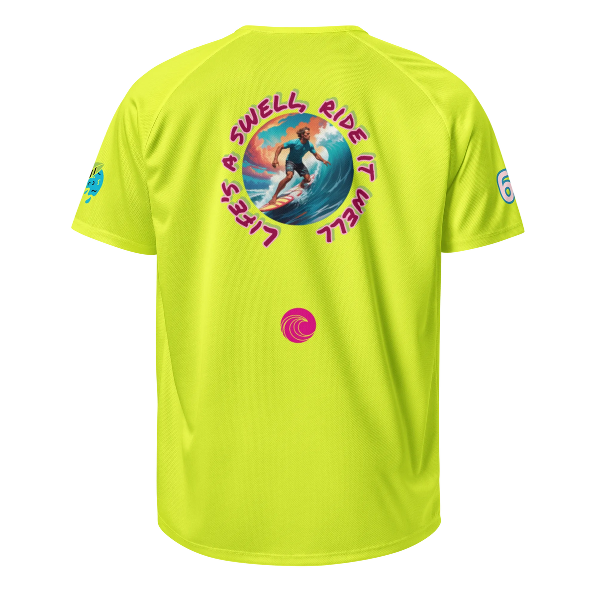 Neon yellow sports jersey back with "SWELL" circle graphic and pink swirl logo