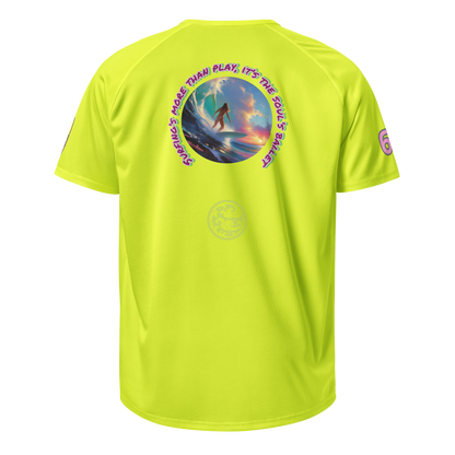 Neon yellow unisex sports jersey, back graphic print and small circular emblem