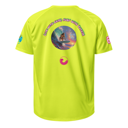 Neon yellow sports jersey with surf graphic and small chest logo