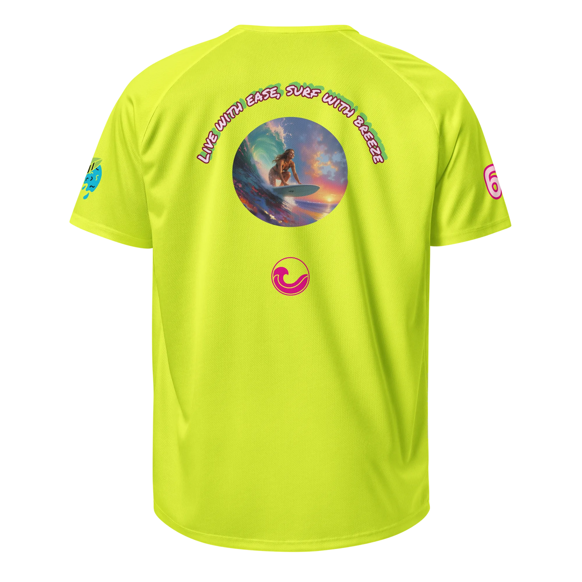 Neon yellow sports jersey with surf graphic and small chest logo