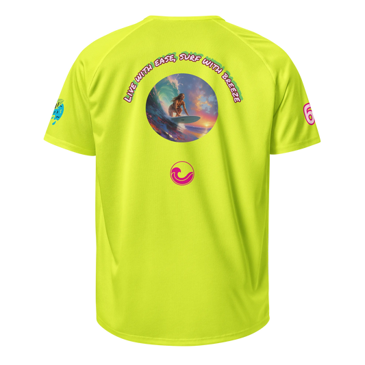 Neon yellow sports jersey with surf graphic and small chest logo