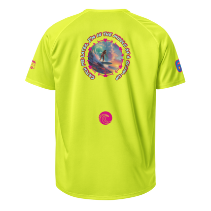Neon yellow sports jersey back with large circular graphic and small chest swirl