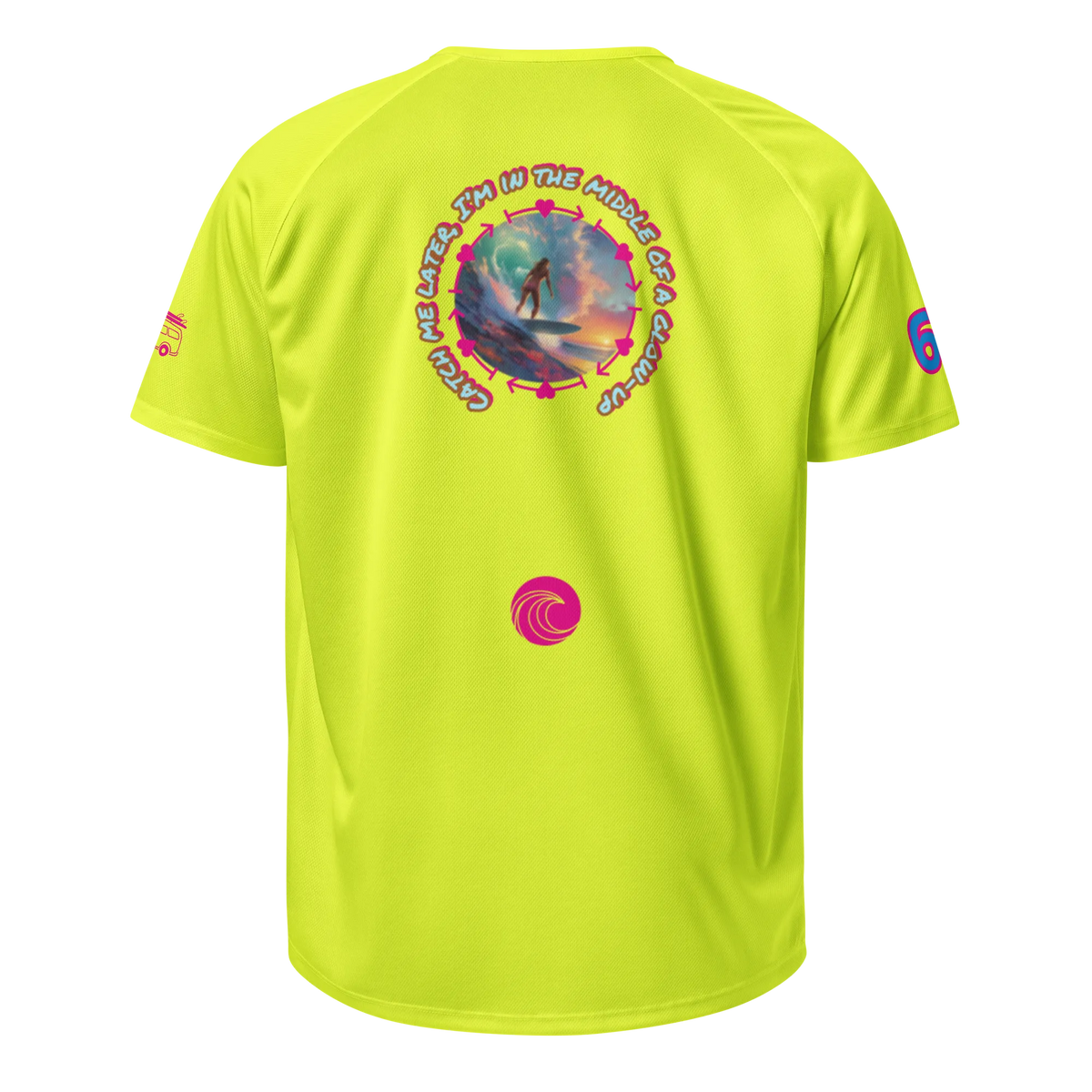Neon yellow sports jersey back with large circular graphic and small chest swirl
