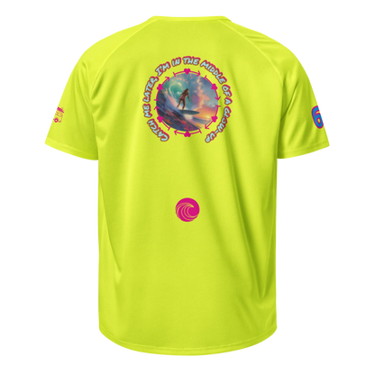 Neon yellow sports jersey back with large circular graphic and small chest swirl