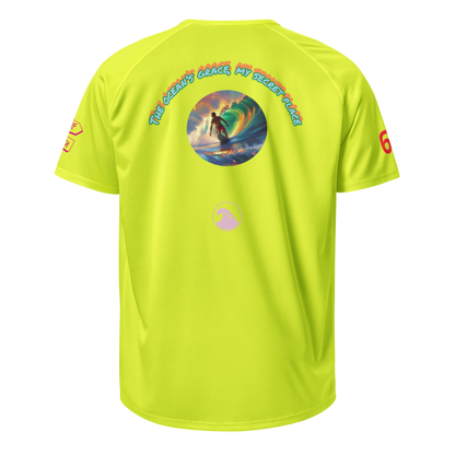 Neon yellow unisex sports jersey back, circular ocean graphic and logo
