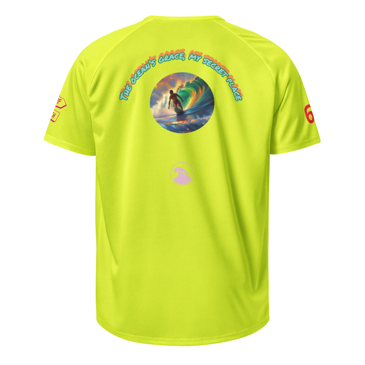 Neon yellow unisex sports jersey back, circular ocean graphic and logo