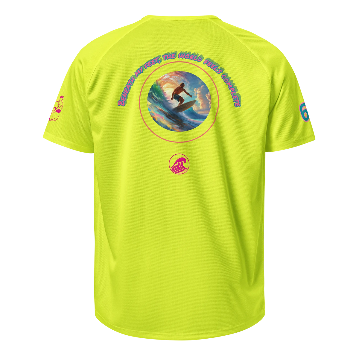 Neon yellow sports jersey back with circular surf graphic and wave emblem