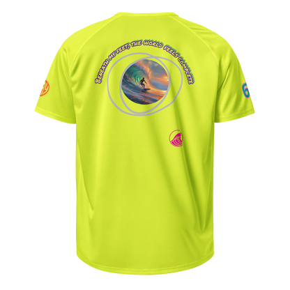 Neon yellow unisex sports jersey with back circular graphic and small chest logo