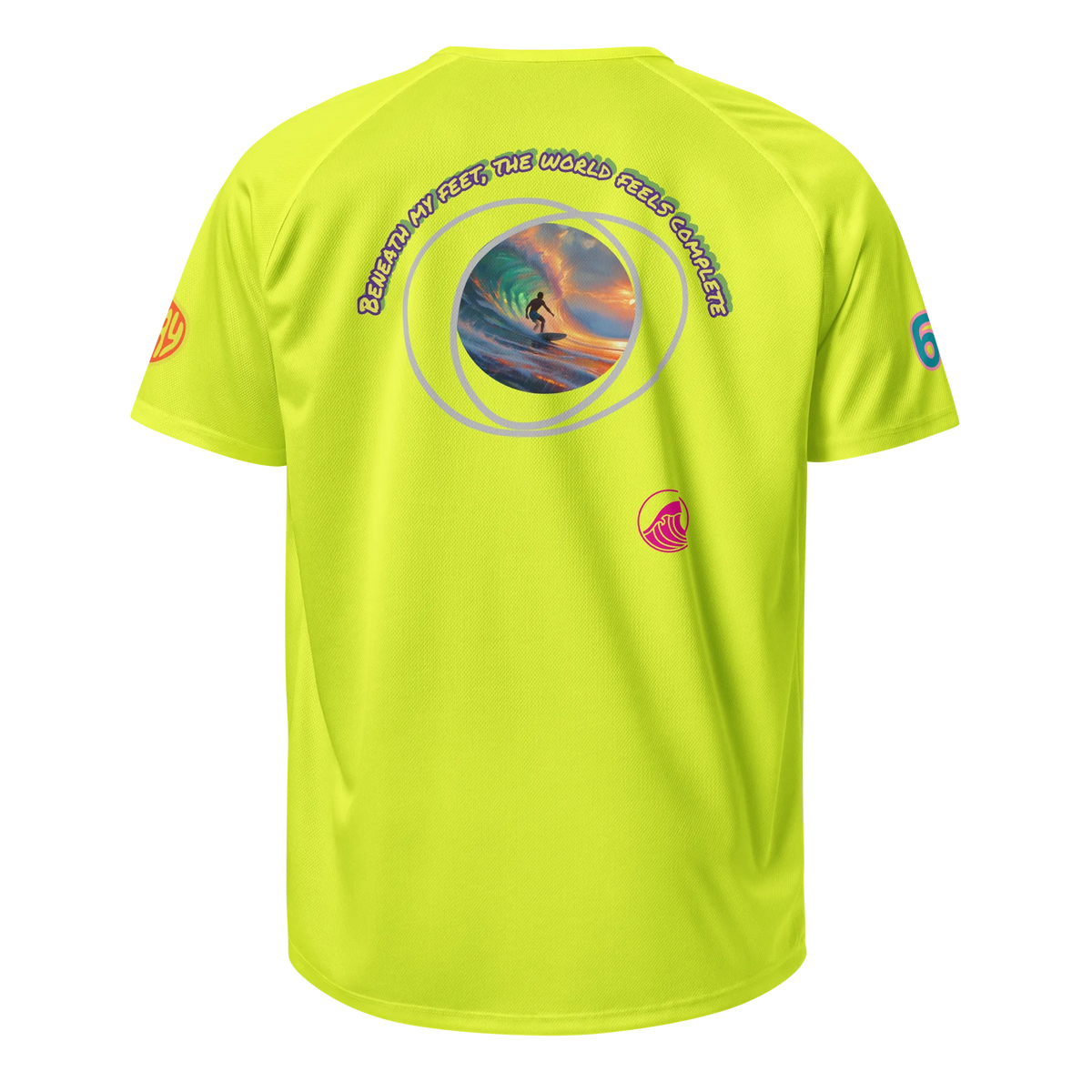 Neon yellow unisex sports jersey with back circular graphic and small chest logo