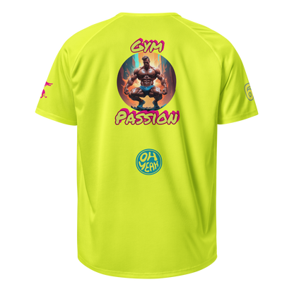 Neon yellow unisex sports jersey, back print with “Gym Passion” and round “Oh yeah” logo