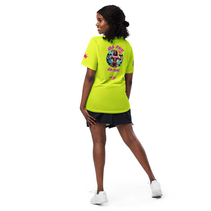 Neon yellow unisex sports jersey on model, back graphic centered with side sleeve print