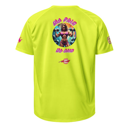 Neon yellow unisex sports jersey back, round graphic with text and lips icon
