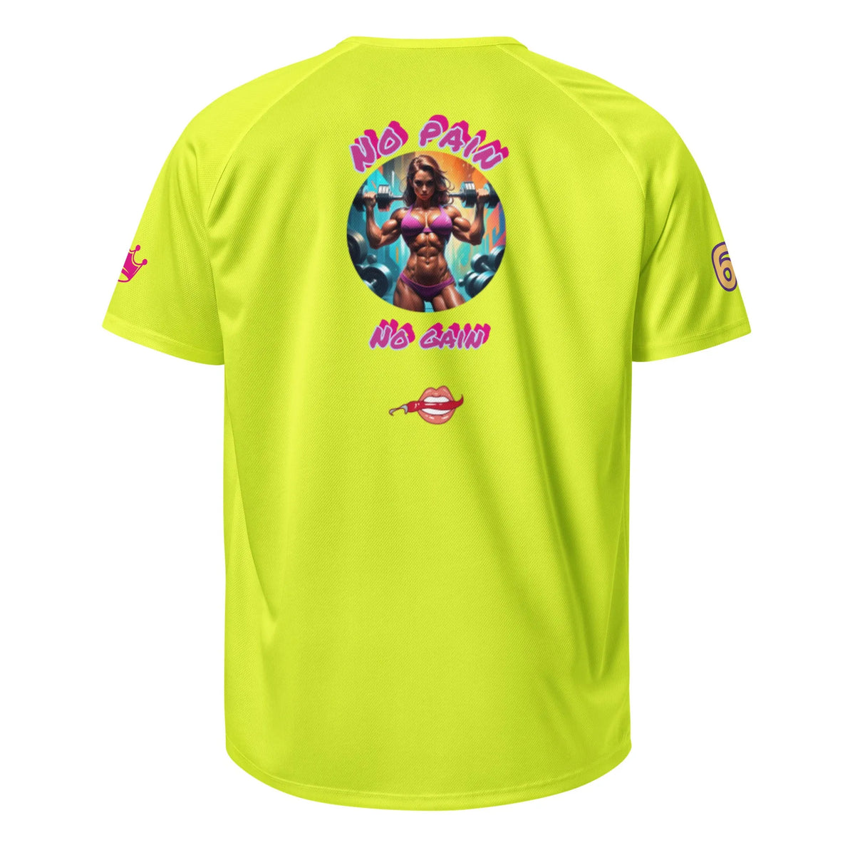 Neon yellow unisex sports jersey back, round graphic with text and lips icon