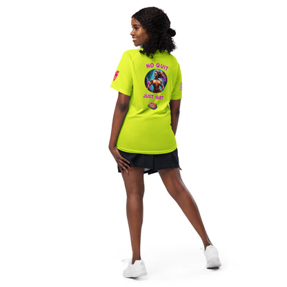 Neon yellow unisex sports jersey T-shirt with back emblem "NO QUIT JUST GRIT".