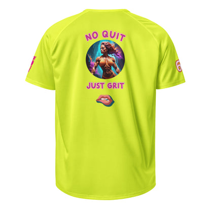 Unisex sports jersey, neon yellow-green, back print “NO QUIT” and graphic