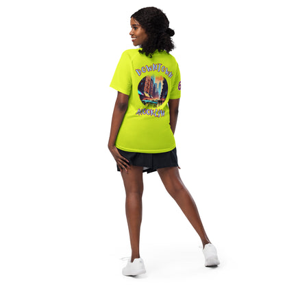Neon yellow sports jersey with back graphic, short sleeves and crew neck