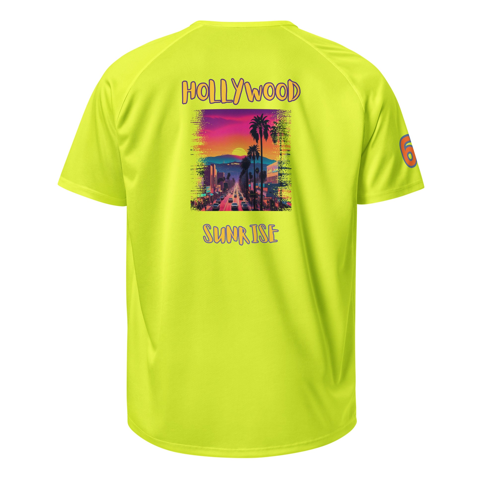 AW Hllywood sports jersey in Neon Yellow, back graphic “HOLLYwood SUNRISE”