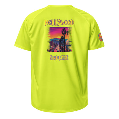 AW Hllywood sports jersey in Neon Yellow, back graphic “HOLLYwood SUNRISE”