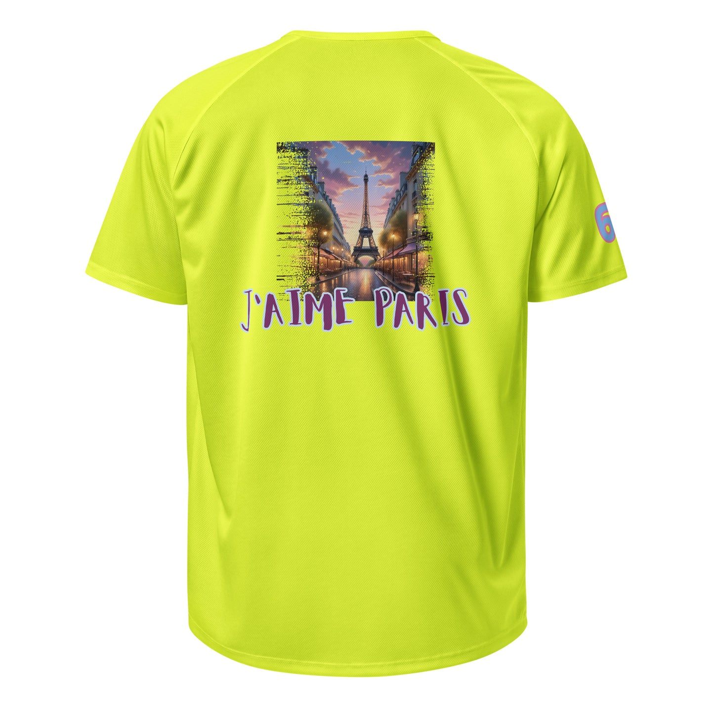 AW Paris sports jersey, neon yellow back with Eiffel “J’AIME PARIS” graphic