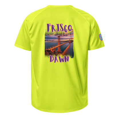 Neon yellow sports jersey back with large “FRISCO DAWN” graphic and number patch