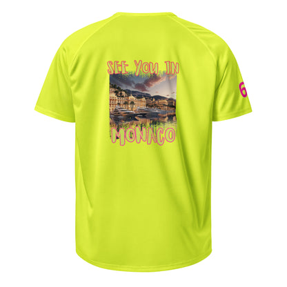 AW Monaco sports jersey in neon yellow-green, back print “See you in Monaco” and “6” sleeve detail.