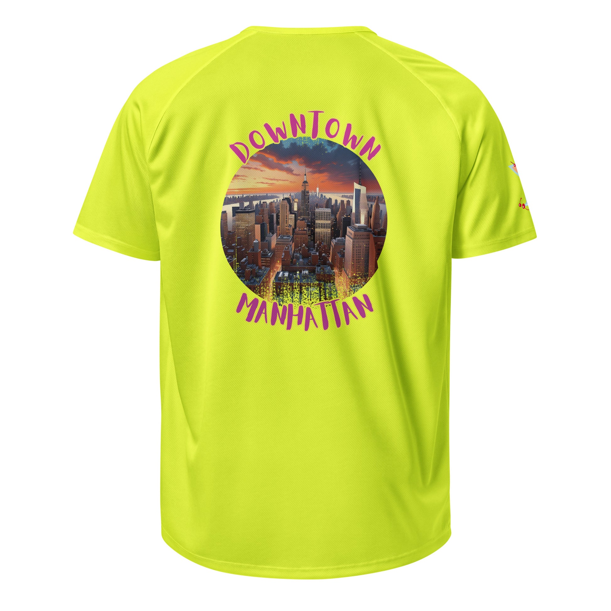 Neon yellow sports jersey, back view with “Downtown Manhattan” city graphic