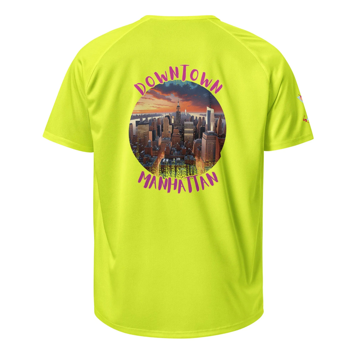 Neon yellow sports jersey, back view with “Downtown Manhattan” city graphic