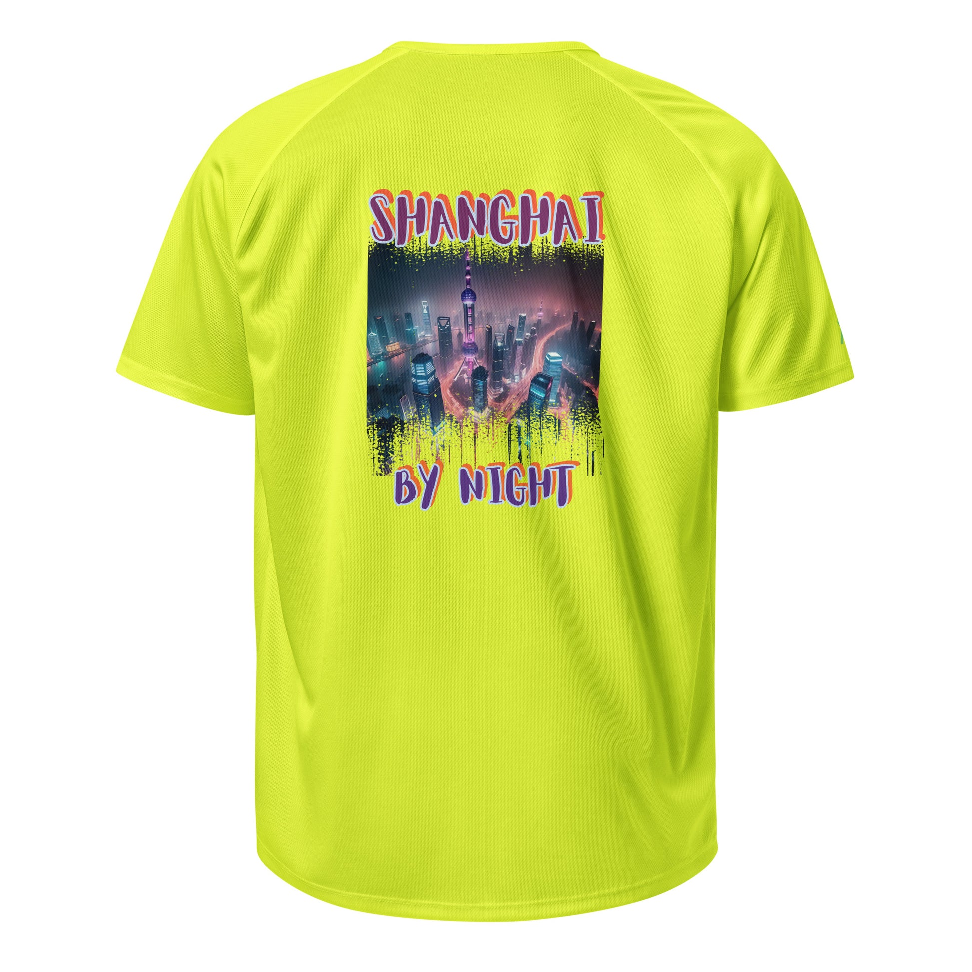 AW Shang sports jersey in neon yellow, back with 'SHANGHAI BY NIGHT' graphic