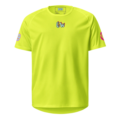 Neon yellow sports jersey front with “Gw” logo and sleeve side print