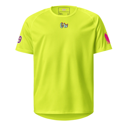 Neon Yellow unisex sports jersey with “Gw” logo and small sleeve graphics