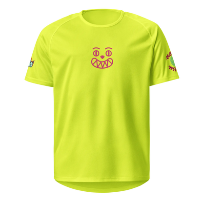 Unisex sports jersey, neon yellow front with red logo at chest