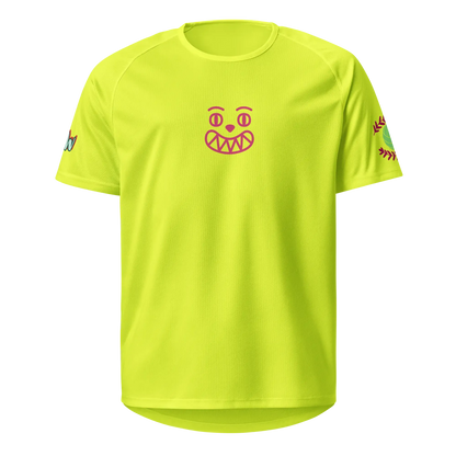 Unisex sports jersey, neon yellow front with red logo at chest
