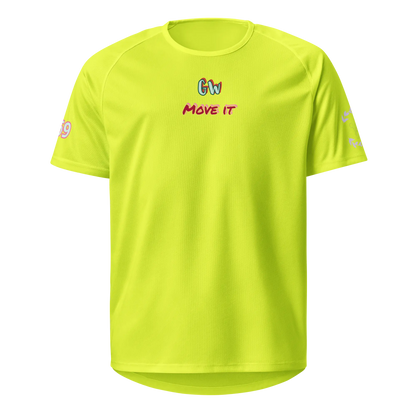 Neon yellow unisex sports jersey with crew neck and MOVE IT chest logo