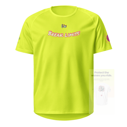 Neon yellow unisex sports jersey, front text graphic and small logo on chest