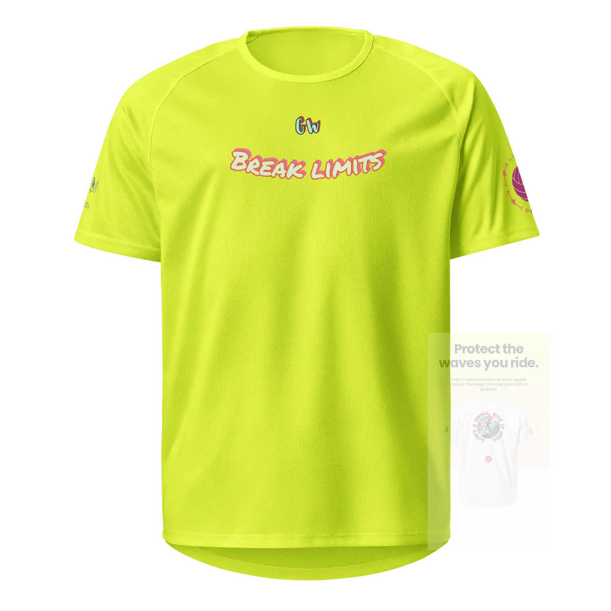 Neon yellow unisex sports jersey, front text graphic and small logo on chest
